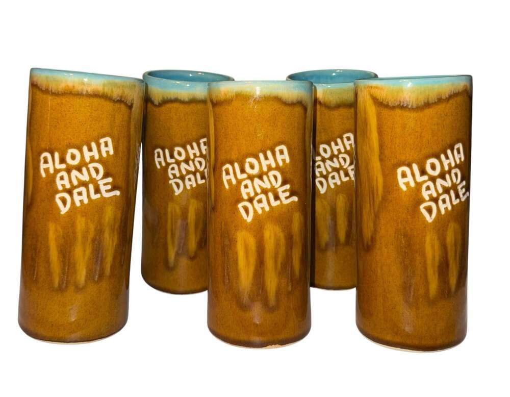 Vintage Dryden Tiki Cups Set of 5 Handmade Pottery MCM Retro 6"x3" Tall Aloha